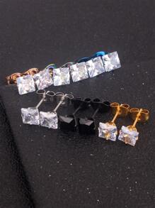 6對/套男士方晶鋯石方形耳釘不銹鋼龐克嘻哈風格 - 彩色 - 查看 2