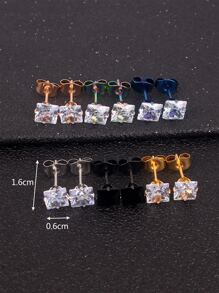 6對/套男士方晶鋯石方形耳釘不銹鋼龐克嘻哈風格 - 彩色 - 查看 3