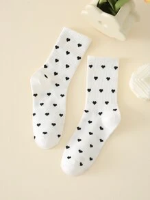 Heart Pattern Crew Socks, Fall Socks - Black and White - View 2