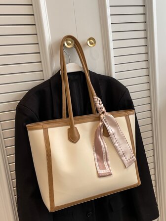 Skinny Scarf Decor Contrast Binding Shoulder Tote Bag