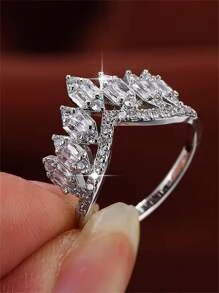 方晶鋯石王冠設計戒指 - 銀色 - 查看 4