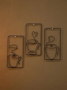 3 pièces Décoration murale en forme de café et rectangle, décoration suspendue minimaliste en fer noir pour l'intérieur et l'extérieur, décoration de maison, de pièce, de mur