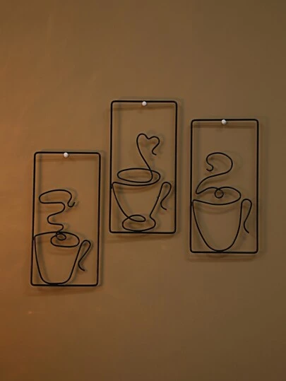 3 件咖啡色和矩形壁挂，简约铁艺黑色挂饰，适用于室内外、家居装饰、房间装饰、墙壁装饰礼物、生日毕业、厨房装饰