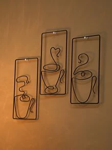 3 pièces Décoration murale en forme de café et rectangle, décoration suspendue minimaliste en fer noir pour l'intérieur et l'extérieur, décoration de maison, de pièce, de mur