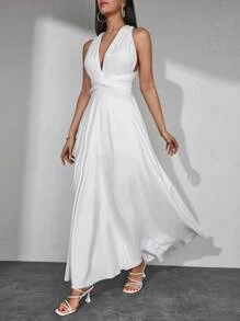 EURMUSE Solid Criss Cross Tie Back A Line Dress - White - View 3