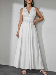 EURMUSE Solid Criss Cross Tie Back A Line Dress - White - View 4