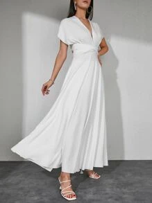 EURMUSE Solid Criss Cross Tie Back A Line Dress - White - View 5