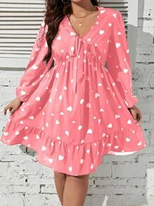 SHEIN Unity Vestido con estampado de corazón de manga farol bajo con fruncido - Rosa - Ver 1