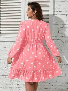 SHEIN Unity Vestido con estampado de corazón de manga farol bajo con fruncido - Rosa - Ver 2