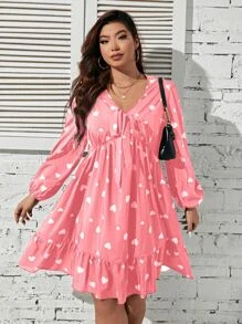 SHEIN Unity Vestido con estampado de corazón de manga farol bajo con fruncido - Rosa - Ver 3