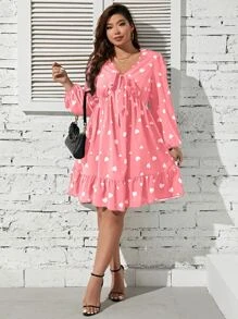 SHEIN Unity Vestido con estampado de corazón de manga farol bajo con fruncido - Rosa - Ver 4