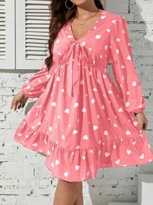 SHEIN Unity Vestido con estampado de corazón de manga farol bajo con fruncido - Rosa - Ver 5