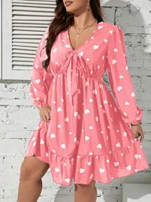 SHEIN Unity Vestido con estampado de corazón de manga farol bajo con fruncido - Rosa - Ver 6