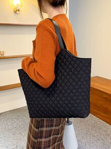 Quilted Detail Shoulder Tote Bag - Black - View 6