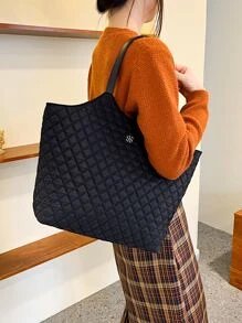 Quilted Detail Shoulder Tote Bag - Black - View 8