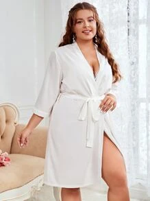 Bata con cinturón con estampado de letra - Blanco - Ver 3