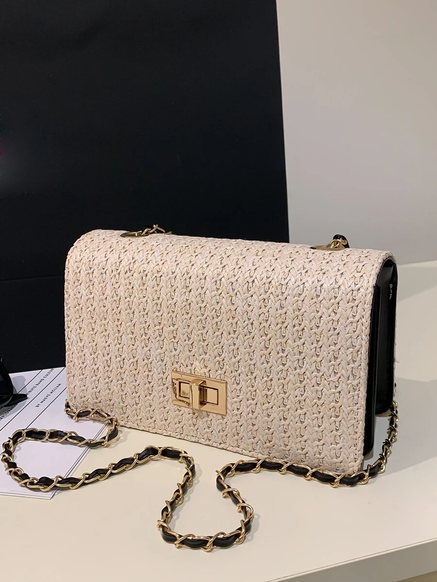 迷你扭鎖翻蓋鏈條草編包 - 黑色 - 查看 1