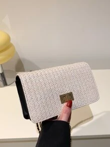 迷你扭鎖翻蓋鏈條草編包 - 黑色 - 查看 2