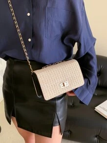 迷你扭鎖翻蓋鏈條草編包 - 黑色 - 查看 5