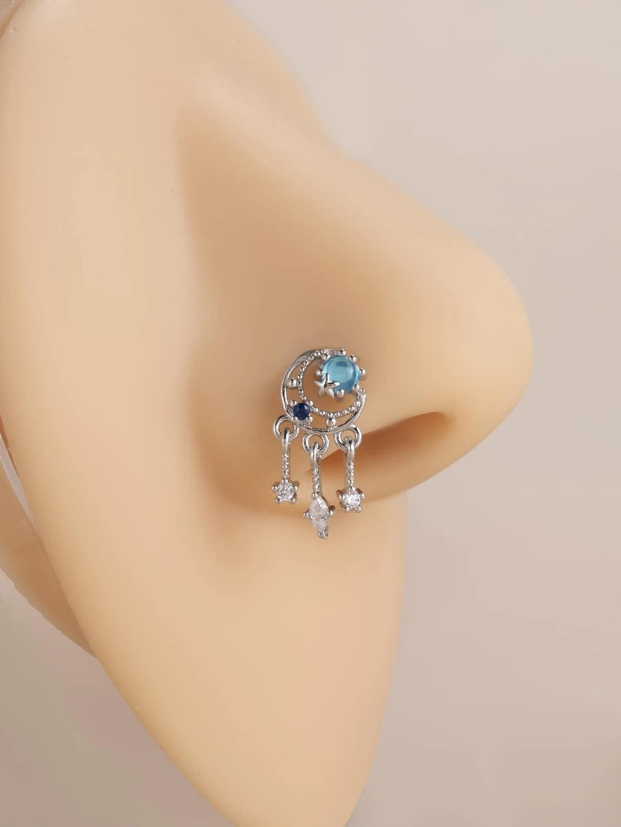 水鑽和月亮裝飾鼻釘銅受歡迎穿孔身體鏈禮品適合女士和男士 - 銀色 - 查看 1