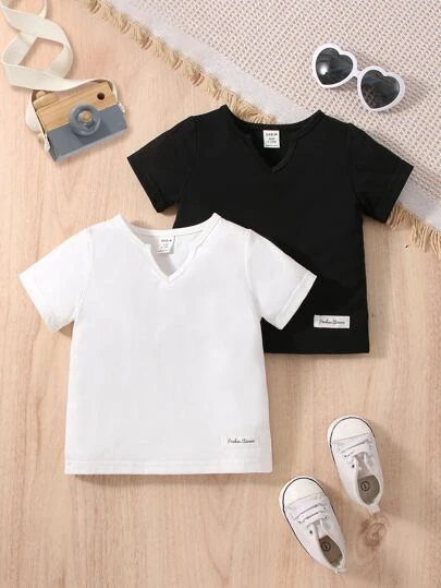 嬰兒2入組字母補丁細節缺口領T恤