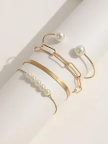 4 cái/bộ Đồ trang trí Ngọc Trai giả Vòng tay - Vàng - Xem 3