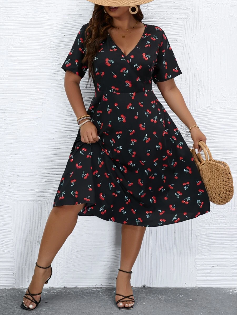 SHEIN LUNE Plus Cherry Print V Neck Dress - Black - View 1