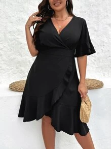 SHEIN LUNE 大碼交疊領荷葉邊圍裹洋裝 - 黑色 - 查看 1