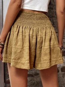 SHEIN VCAY Quần đùi nữ Thắt nút Dải chun Thắt nơ trước màu trơn Boho - màu nâu - Xem 2