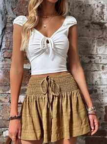 SHEIN VCAY Quần đùi nữ Thắt nút Dải chun Thắt nơ trước màu trơn Boho - màu nâu - Xem 6