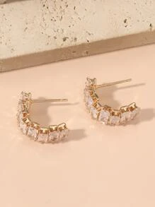 方晶鋯石裝飾開口耳環 - 金黃色 - 查看 2