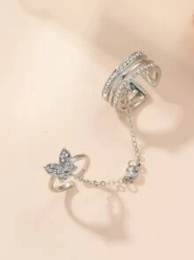 水鑽蝴蝶裝飾連體戒指 - 銀色 - 查看 1