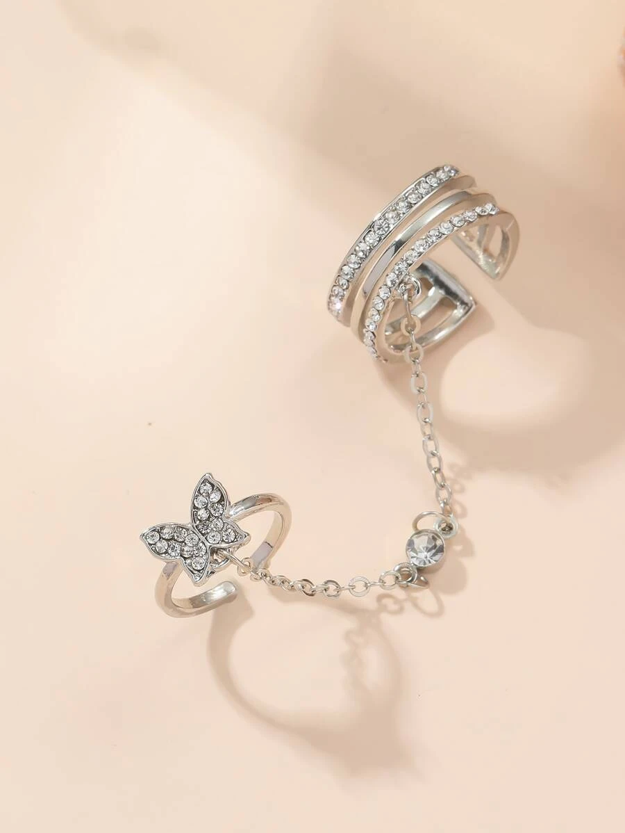 水鑽蝴蝶裝飾連體戒指 - 銀色 - 查看 1