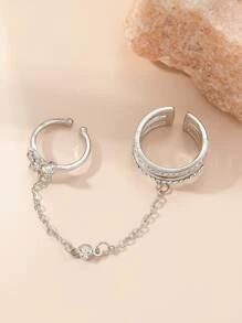 水鑽蝴蝶裝飾連體戒指 - 銀色 - 查看 2