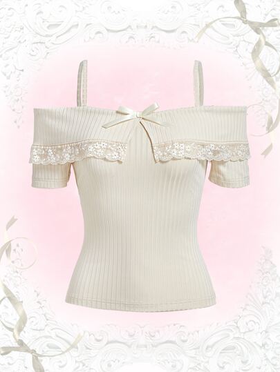 Kawaii Himekaji Contrast Lace Cold Shoulder Tee, School