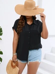 SHEIN LUNE 大碼素色前紐扣襯衫 - 黑色 - 查看 4