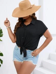 SHEIN LUNE 大碼素色前紐扣襯衫 - 黑色 - 查看 3