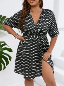 SHEIN LUNE Plus Polka Dot Print Belted Dress - Black and White - View 1