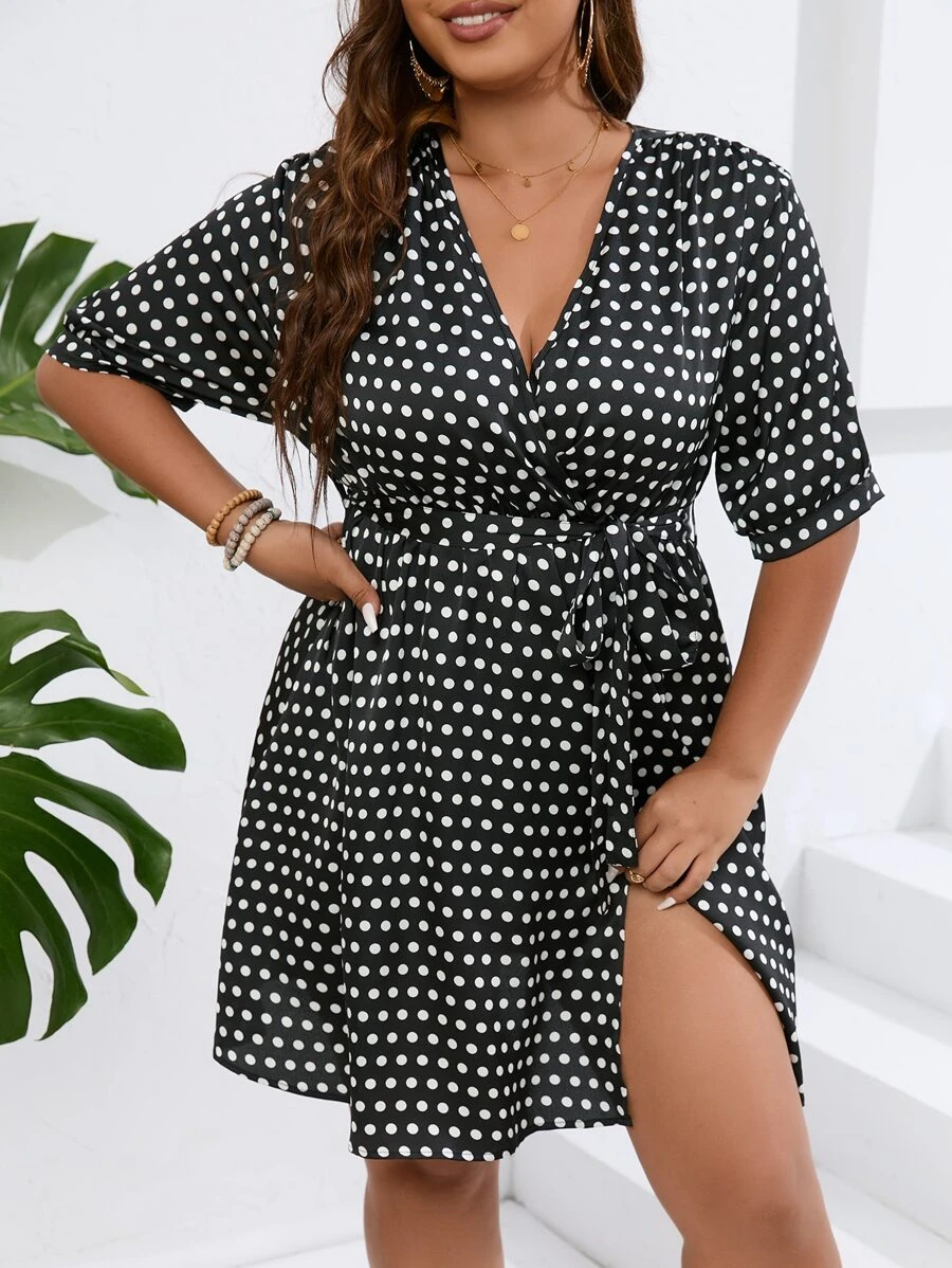 SHEIN LUNE Plus Polka Dot Print Belted Dress - Black and White - View 1