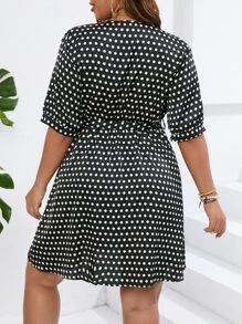 SHEIN LUNE Plus Polka Dot Print Belted Dress - Black and White - View 3