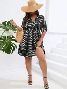 SHEIN LUNE Plus Polka Dot Print Belted Dress - Black and White - View 4