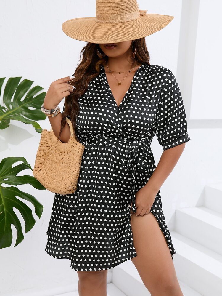 SHEIN LUNE Plus Polka Dot Print Belted Dress - Black and White - View 5
