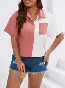 SHEIN LUNE Plus Two Tone Drop Shoulder Patched Pocket Shirt - Multicolor - View 2