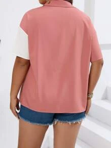 SHEIN LUNE Plus Two Tone Drop Shoulder Patched Pocket Shirt - Multicolor - View 3