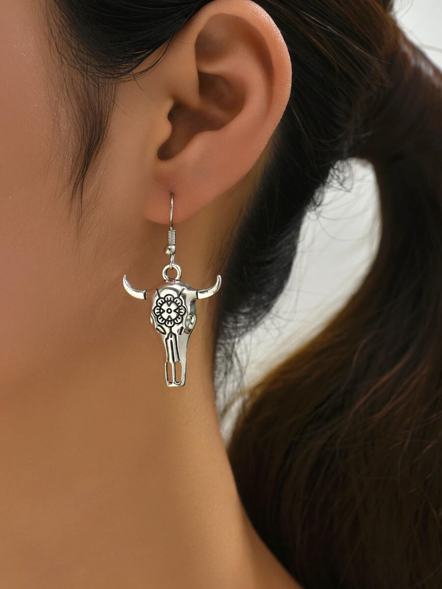 黃牛頭耳墜 - 復古銀色 - 查看 1