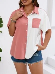SHEIN LUNE Plus Two Tone Drop Shoulder Patched Pocket Shirt - Multicolor - View 5