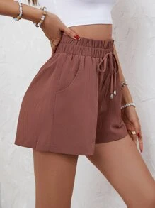 SHEIN Frenchy Plain Color Paper Bag Waist Drawstring Pocket Casual Textured Loose Shorts Summer - Redwood - View 5