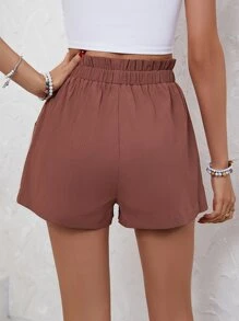 SHEIN Frenchy Plain Color Paper Bag Waist Drawstring Pocket Casual Textured Loose Shorts Summer - Redwood - View 2