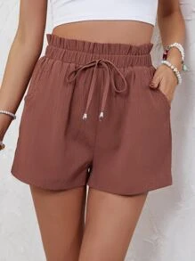 SHEIN Frenchy Plain Color Paper Bag Waist Drawstring Pocket Casual Textured Loose Shorts Summer - Redwood - View 4