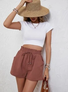 SHEIN Frenchy Plain Color Paper Bag Waist Drawstring Pocket Casual Textured Loose Shorts Summer - Redwood - View 6